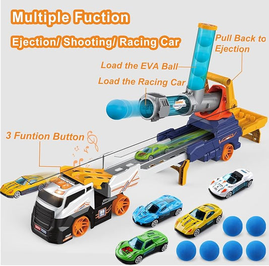 Dwi Dowellin Truck Toys for Kids, 28" Large Car Toys Include 4 Racing Cars+6 Ball, with Light & Sounds, Eejection&Shooting Transport Cars Toy, Gifts for Boys Girls 3 4 5 6 7 8 Year Old