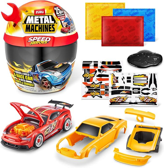 Metal Machines Speed Heroes (Red) by Zuru, 20+ Surprises, Build your own Car, Two Bodies, Lights & Sounds, Slime